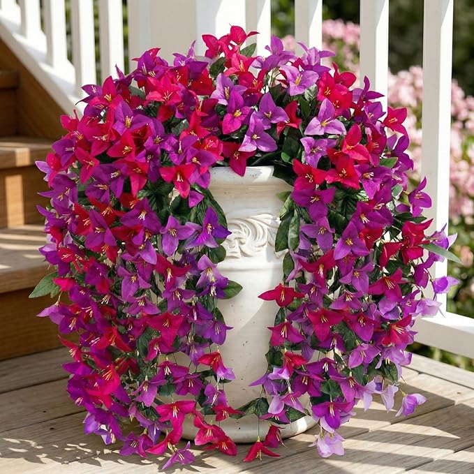 Artificial Flowers for Outdoors Fake Fuchsia Hot Pink Bougainvillea Hanging Flower Decoration, 2Pcs Realistic Faux Silk Plants Long Trailing Vines, Spring Decor for Porch Patio Balcony Planter Yard