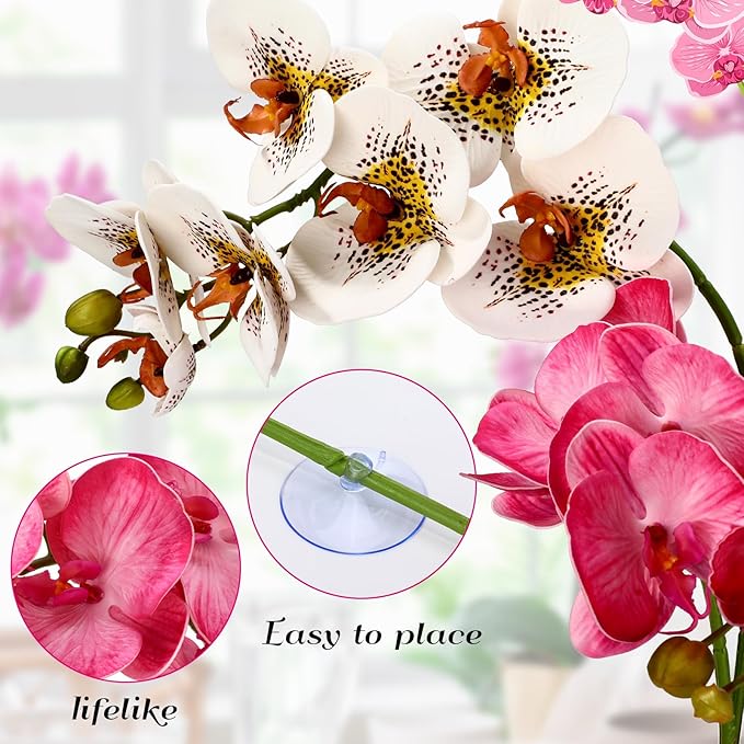 Chuangdi 2 Pcs Artificial Phalaenopsis with Suction Cups Terrarium Plant Decoration Reptile Habitat Plant Decor for Hermit Crab Lizards Geckos Snake (White Leopard Print,Dark Pink,Deeply Exquisite)