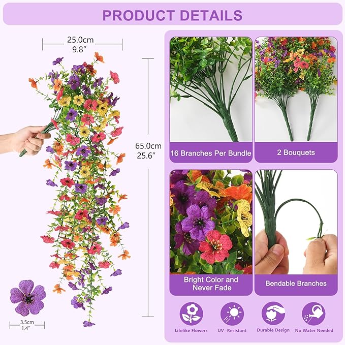 Artificial Hanging Flowers for Outdoors, 2 Pcs Fake Hanging Plants Spring Summer Decor, UV Resistant Faux Silk Daisy Flower for Front Door Porch Planter Patio Yard Garden(Purple Rose Orange Yellow)