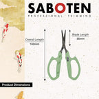 Saboten Stainless Steel Angled Blade Trimming Scissors Green PT-13 160mm Precision Gardening Bonsai and Floral Shears Made in Japan