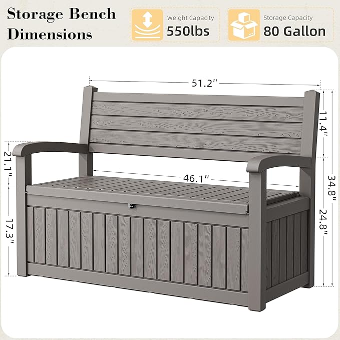 80 Gallon Outdoor Storage Bench Waterproof, Storage Outdoor Porch Bench Doubles as 2-Person Bench Seat, Resin Stripes Deck Box for Cushions, Garden Tools and Pool Supplies Grey