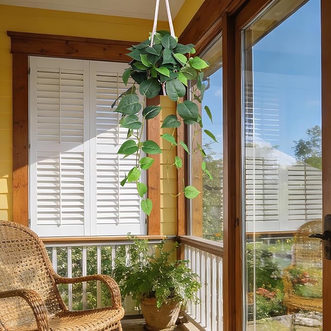 alyptus Fake Hanging Plants Artificial Decor Indoor Realistic Silk Devil's Ivy Hanging Potted Plants Faux Greenery Plant Pothos Vines with Pot for Home (Hanging Pothos - Green)