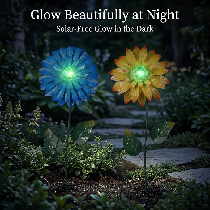 Topadorn Glow in The Dark Flower Garden Stakes – Set of 2, 25" Metal Light-Up Yard Decor with Swaying Flower Design, Outdoor Garden & Pathway Decoration