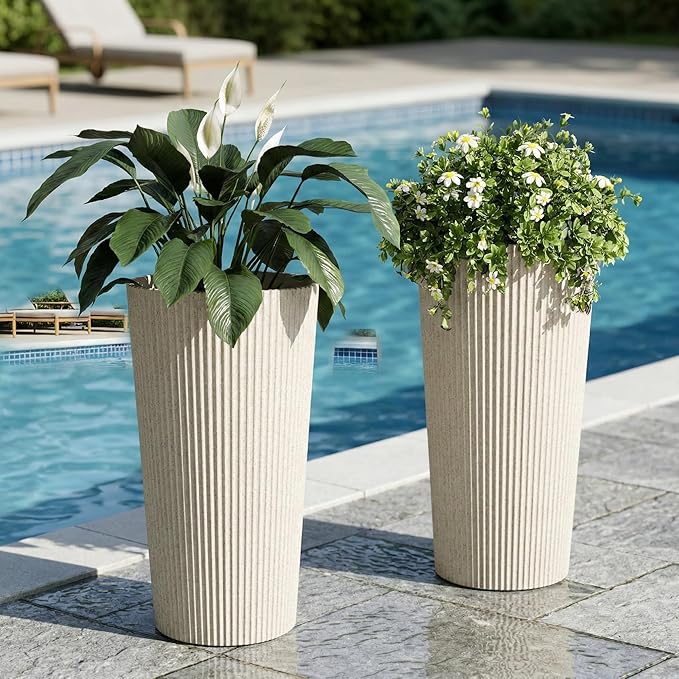23.6" H Tall Planters for Outdoor Plants, 2 Pack Large Outdoor Planters for Front Porch Decor with Drainage Hole, Plastic Striped Flower Pots Fits Indoor Plants Patio Garden, Black