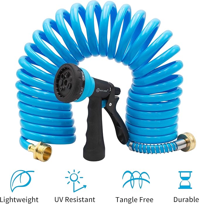 AUTOMAN EVA Recoil Garden Hose 25ft - Includes 7 Pattern Spray Nozzle,Curly Water Hose 25 Foot,Watering Hose Coil,Retractable,Corrosion Resistant Garden Coil Hose.Blue