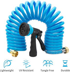 AUTOMAN EVA Recoil Garden Hose 25ft - Includes 7 Pattern Spray Nozzle,Curly Water Hose 25 Foot,Watering Hose Coil,Retractable,Corrosion Resistant Garden Coil Hose.Blue