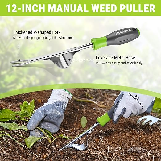 WORKPRO 3-Piece Weed Puller Tool Set – 15" 6-Tine Weed Remover, 12" Hand Weeder, 12.5" Crack Weeder, Stainless Steel with Ergonomic Handle for Lawn, Garden, Yard