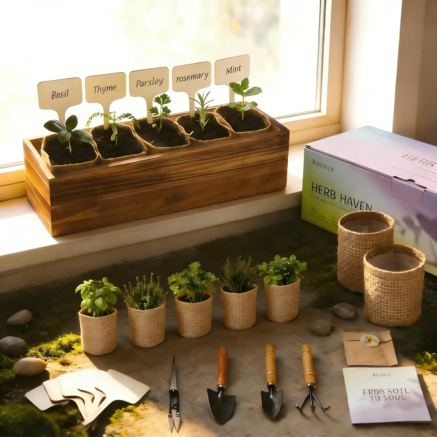 5 Herb Garden Kit with Wooden Box - Including Basil, Thyme, Parsley, Rosemary, Mint - Windowsill Herb Garden for Kitchen, Gardening Gifts for Mom Women, Men, Gift Ideas for Birthday, Housewarming