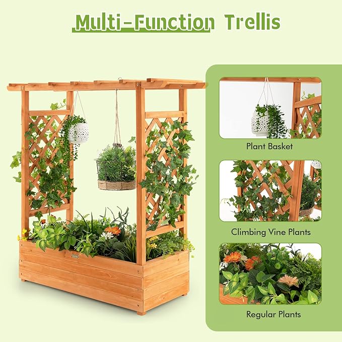 MAT EXPERT Raised Garden Bed with Trellis & Hanging Roof, Lattice Panel with Drainage Hole for Flower, Climbing Plant, Herb, Planter Box for Garden, Patio, Yard (1, 43.5" x 17.5" x 44" (L x W x H))