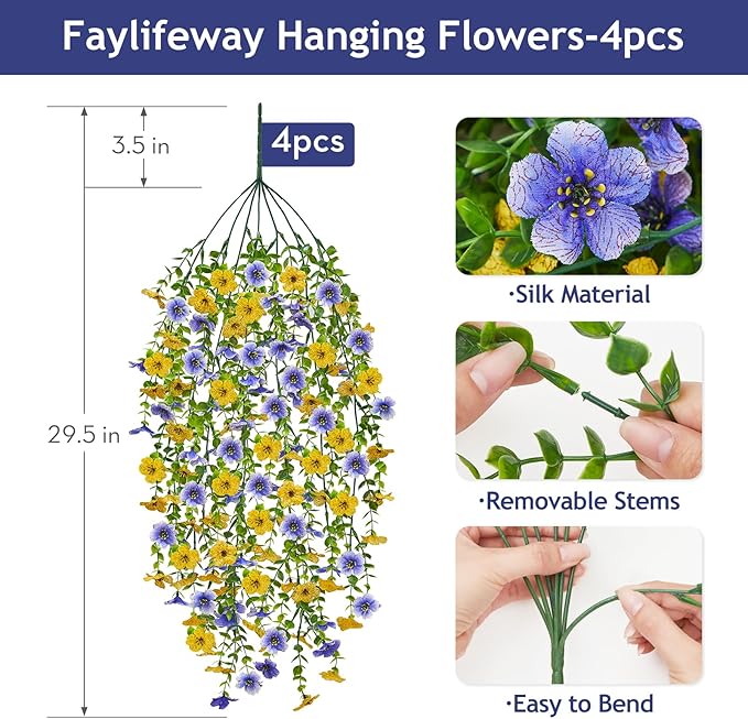 Artificial Hanging Flowers for Outdoors Spring Summer Decoration, 8PCS UV Resistant Silk Fake Hanging Plants for Patio Porch Front Yard Window Garden Indoor Decor(Blue&Yellow,8PCS)