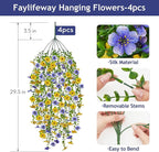 Artificial Hanging Flowers for Outdoors Spring Summer Decoration, 4PCS UV Resistant Silk Fake Hanging Plants for Patio Porch Front Yard Window Garden Indoor Decor(Blue&Yellow,4PCS)