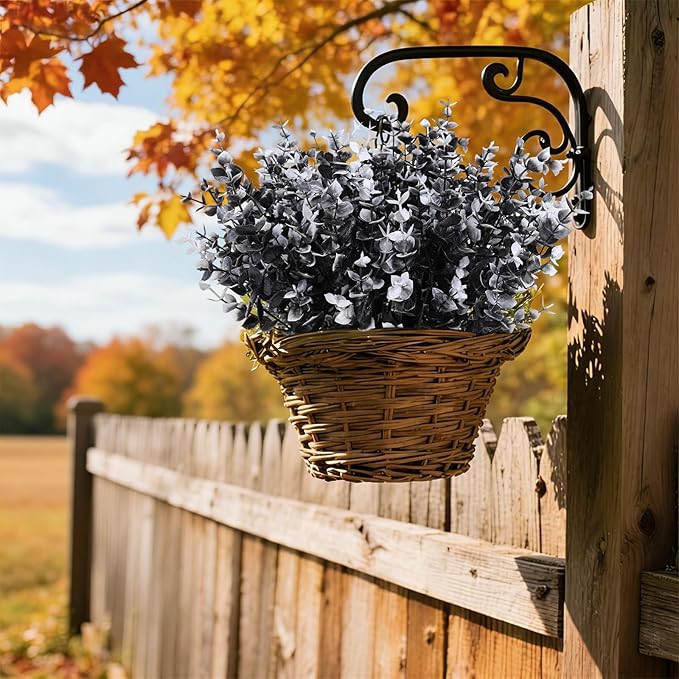 RECUTMS Black Artificial Flowers, 12 Pcs Fake Outdoor UV Resistant Plants Faux Plastic Greenery Shrubs Indoor Outside Hanging Planter Flower Decoration, Garden Decor (Black+White Eucalyptus)