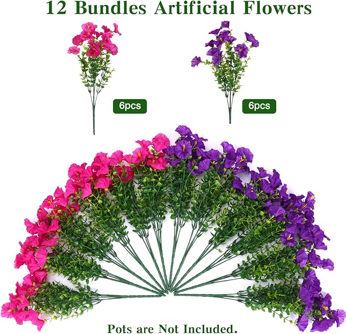 CEWOR 12 Bundles Artificial Flowers for Outdoor Indoor, Fake Silk Morning Glory with Eucalyptus Leaves, Faux Flower for Garden Front Door Porch Planter Patio Home Decor (Purple Fuchsia)