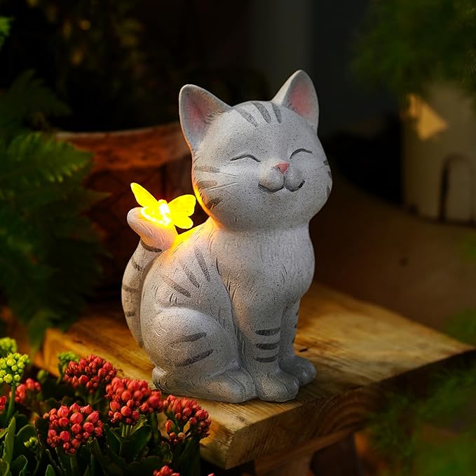 Solar Garden Statue Cat with Glowing LED Butterfly, Waterproof Resin Outdoor Decor Light, Whimsical Yard Art for Patio Balcony Porch, for Mom Women Friends
