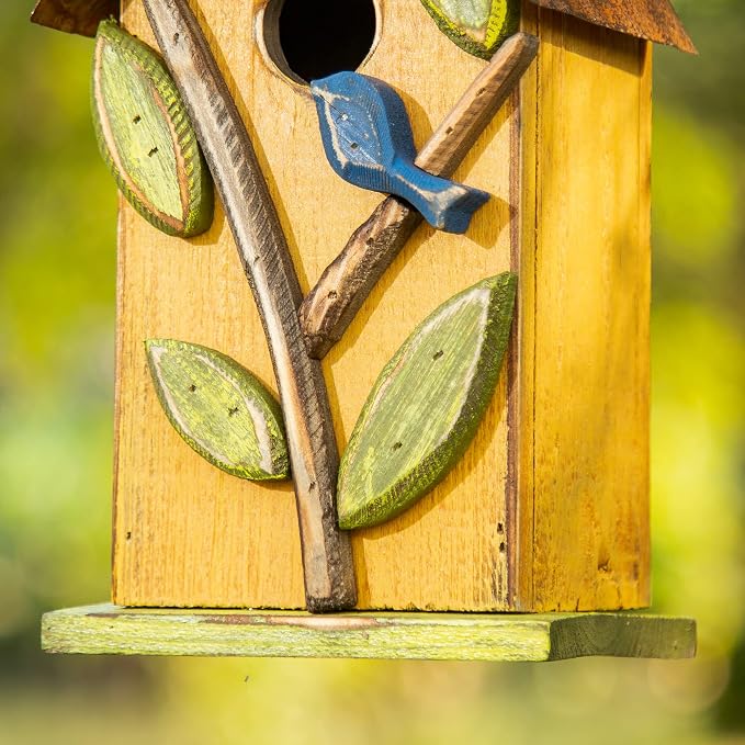 Glitzhome Birdhouse for Outdoor Hanging, 9.7" H Patio Garden Pet Cottage Distressed Decorative Birdhouse Wooden Bird House for Bluebird Wren Sparrow Finch Cardinal, Leaves Rustic Yellow