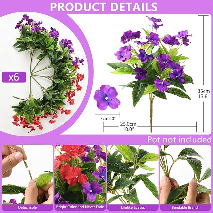 Artificial Impatiens Flowers for Outdoors, 6 Bundles Silk Fake Flowers for Spring Summer Decoration, UV Resistant Faux Plants Plastic Bouquet for Home Planter Porch Patio Yard Decor(Red Purple)