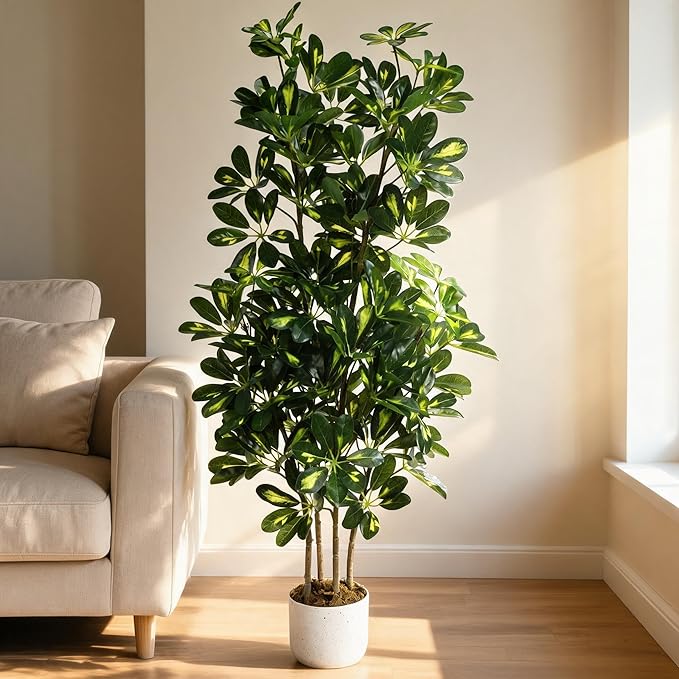 Garvee Artificial Umbrella Tree Plant, 4 ft Tall Faux Schefflera Tree in Black Pot, Large Fake Potted Decorative Plant for Indoor Home Office Decor, Housewarming Gift