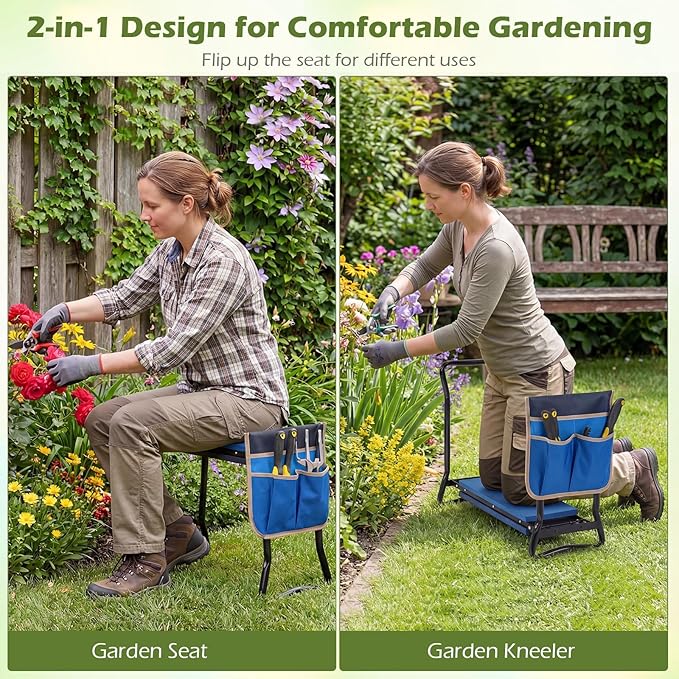 2-in-1 Garden Kneeler and Seat, Folding Garden Seat w/EVA Foam Kneeling Pad & Removable Tools Pouch, Sturdy Steel Frame, No Assembly, Portable Heavy Duty Garden Stool for Women Men Seniors