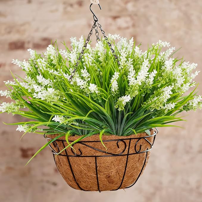 obbsie 12 Bundles Artificial Plants Outdoor, 18.2" UV Resistant Faux Monkey Grass Greenery Stems No Fade Faux Plastic Flowers Shrubs for Home Weddings Garden Porch Front Patio Office Decor- White