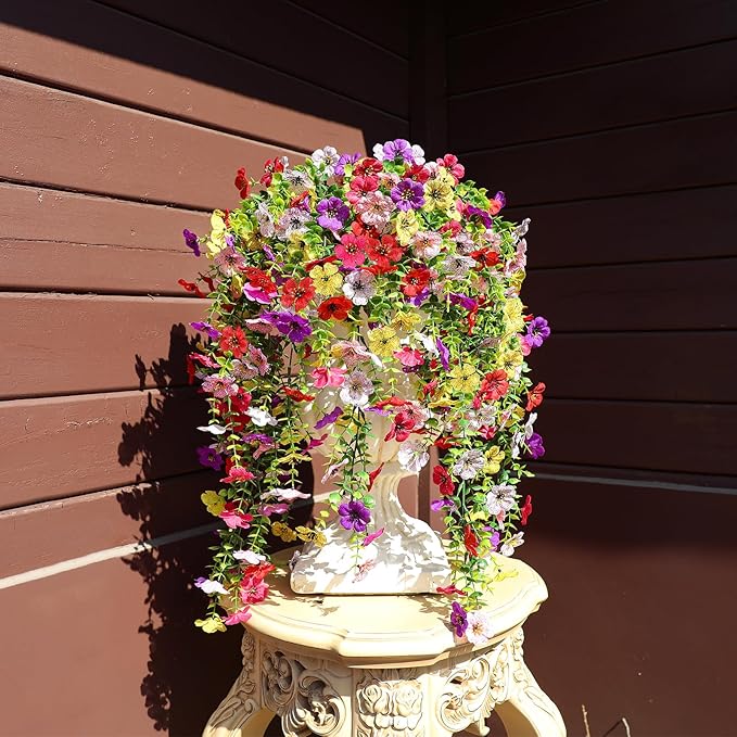 Artificial Flowers for Outdoors Spring Decor, 6 Bundles UV Resistant Realistic Fuax Silk Hanging Flowers, Fake Plants for Planter Indoor Outside Garden Porch Patio Balcony Yard(Mix