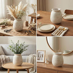 Rustic Terracotta Pot, 7 Inch Short Farmhouse Vase with Weathered Texture Off-White, Boho Home Decor for Pampas Grass, Tabletop, Mantel and Shelf Styling