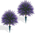 Yangrass Artificial Lavender Topiary Bushes with Ground Spike, 24" Set of 2 Faux Lavender Boxwood Ball Trees UV Resistant Fake Greenery Plants for Indoor & Outdoor Spring Porch Decor