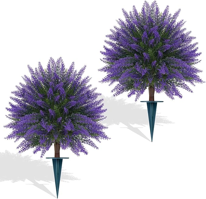 Yangrass Artificial Lavender Topiary Bushes with Ground Spike, 24" Set of 2 Faux Lavender Boxwood Ball Trees UV Resistant Fake Greenery Plants for Indoor & Outdoor Spring Porch Decor