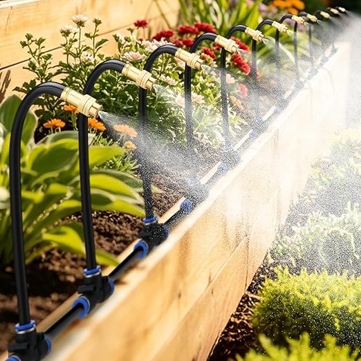 49ft Drip Irrigation System - Includes 15pcs 360° Adjustable Sprayers, 5/16" PE Tubing, 1/2" & 3/4" Faucet Adapters, Automatic Garden Watering Sprinkler System Kit for Raised Bed Plants Lawn