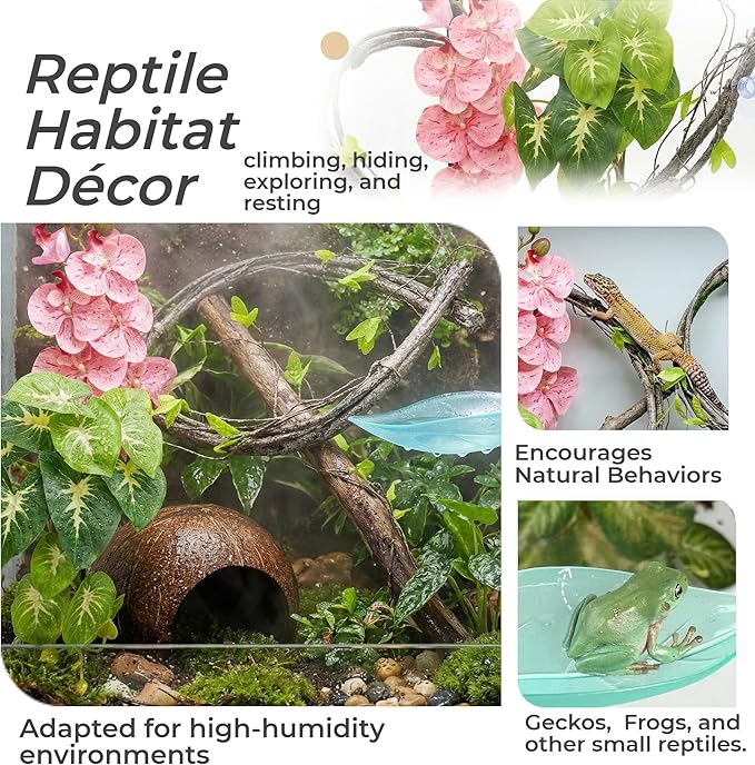 Crested Gecko Terrarium Decor Kit - 5PCS Rainforest Tank Accessories with Coconut Hide, Climbing Vines, Leaf Platform & Artificial Plants - Habitat Enrichment for Humidity & Hiding(Pink)