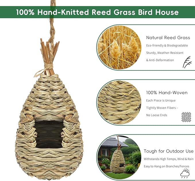 Gute Hummingbird Houses for Outside Hanging, Natural Grass Hanging Bird Hut, Hand Woven Hummingbird Nest, Large Wren Finch Bird House for Garden Window Outdoor Home Decoration, Set of 2