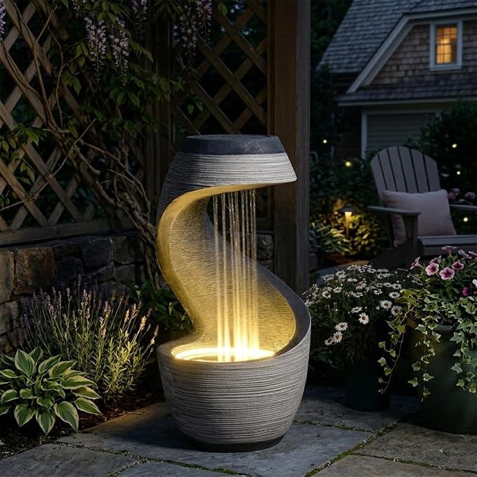 37" S-Shaped Outdoor Water Fountain with LED Lights, Modern Resin Cascading Waterfall Feature for Garden, Patio, Backyard or Porch, Large Decorative Zen Water Feature – 21" L x 21" W x 37.9" H