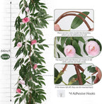RECUTMS Artificial Hanging Willow Leaves Vine Twigs Whit Roses Flower 2Pc 5.7Ft Faux Ivy Plant Silk Green Leaf Rose Floral Garland Greenery Indoor Outdoor Wedding Jungle Birthday Party Garden Decor