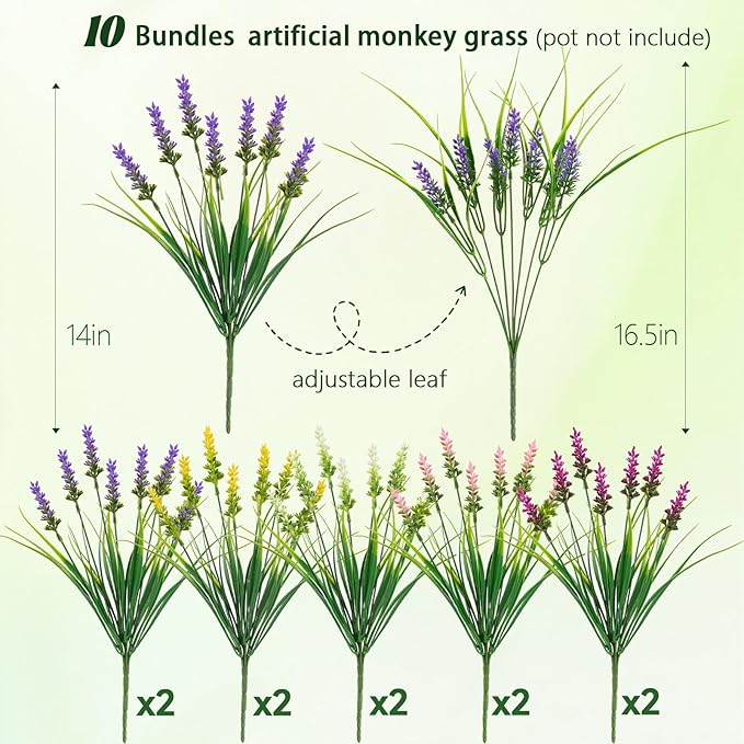 N&T NIETING 10 Bundles Artificial Plants Outdoor Fake Monkey Grass with Flowers Summer Plastic Faux Greenery for Pot Garden Verandah Decor Window Patio Hanging Planter Pathway Front Porch (Mix Color)