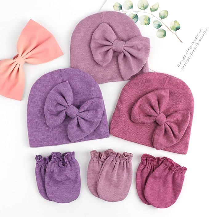 BQUBO Newborn Baby Girls Hats Mittens Set Hospital Hat Beanie Infant Bow Hats Baby Cotton Gloves for 0-6 Months