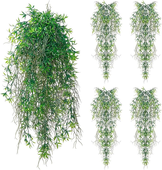 dallisten 4Pcs Fake Hanging Fern Plants for Outdoors, UV Resistant Artificial Ferns Greenery Vines Faux Trailing Plants for Indoor Wall Porch Wedding Boho Home Garden Decor(4PCS DeepGreen Ferns)