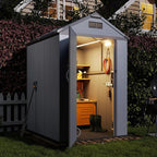Aoxun 4x6 FT Outdoor Storage Shed with Built-in Magnetic Suction Light, Plastic Garden Resin Shed with Floor, Outdoor Storage with Lockable Door for Bike, Tools, Garbage Can, Dark Grey