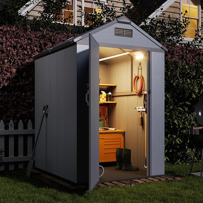 Aoxun 4x6 FT Outdoor Storage Shed with Built-in Magnetic Suction Light, Plastic Garden Resin Shed with Floor, Outdoor Storage with Lockable Door for Bike, Tools, Garbage Can, Dark Grey