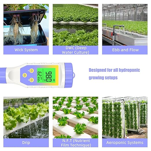 pH Meter for Water Hydroponics, 5-in-1 pH TDS EC Salt Tester for Water Nutrient Solution, Simultaneous Display of pH EC Temp for DWC Reservoir Tank, Aeroponic Garden, Growing System