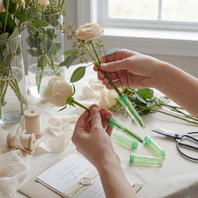 Royal Imports Floral Water Tubes with Caps – 3" Green Plastic Flower Vials for Single Stem Roses, Buds, Bouquets – Standard Style, 1/2" Opening – 100 Pack