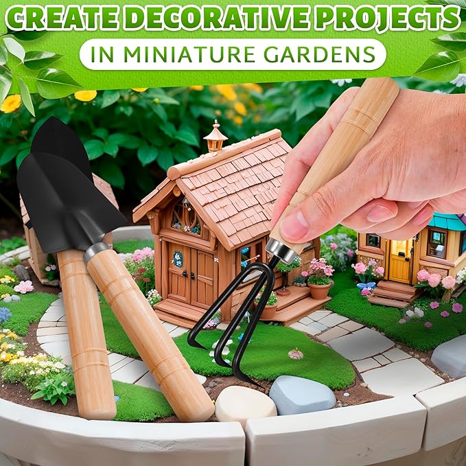 3 Pcs Mini Gardening Tools – Mini Garden Tools Set with 2 Small Shovels (Narrow and Wide) & Hand Rake, Rustproof Metal Build, Ergonomic Wooden Handles – Potting & Transplanting Kit for Indoor Plants