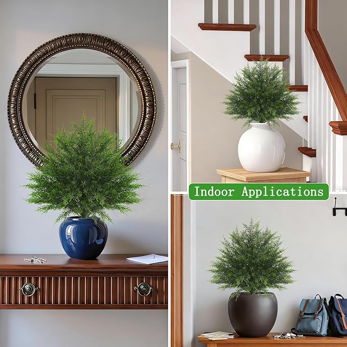 23" Artificial Cedar Topiary Ball Trees with Spike, Set of 2 UV Resistant Fake Evergreen Bushes Shrubs Trees, Realistic Faux Cypress Plants for Outdoor Indoor