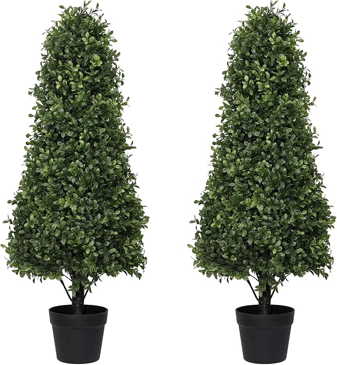 3ft Artificial Boxwood Topiary Trees (Set of 2) - UV Resistant Faux Plants Outdoor, Realistic 36" Fake Cone Bushes and Shrubs for Front Porch, Planter, Patio, Evergreen