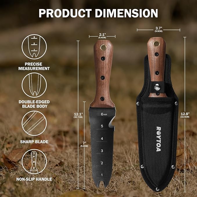 ROYTOA Hori Hori Garden Knife, Garden Tools with Sheath for Weeding,Planting,Digging, 7" Stainless Steel Blade with Cutting Edge, Full-Tang Wood Handle with Hanging Hole