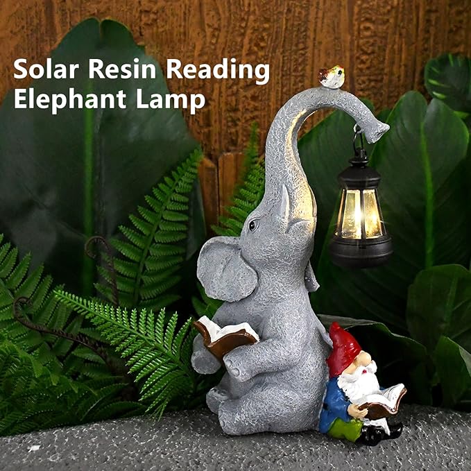 Solar Garden Statue Outdoor Decor Elephant Figurines with Cute Gnome Garden Sculpture, Elephant Statues Patio Ornament Decor for Lawn Balcony Yard, Gifts for Mum Grandmom on Birthday Mother's Day