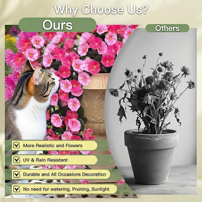 Artificial Flowers for Outdoors Fake Pink Morning Glory Hanging Flower Decoration, 2Pcs Realistic Faux Plants Petunias Long Trailing Vines,Spring Decor for Porch Patio Balcony Planter Yard