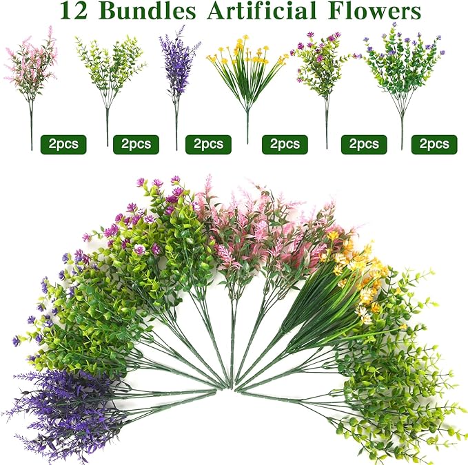 CEWOR 12 Bundles Artificial Flowers for Outdoor Indoor, Fake Silk Multiple Color Flowers, Faux Flower for Garden Front Door Porch Planter Patio Home Decor (Purple Fuchsia Pink Yellow)