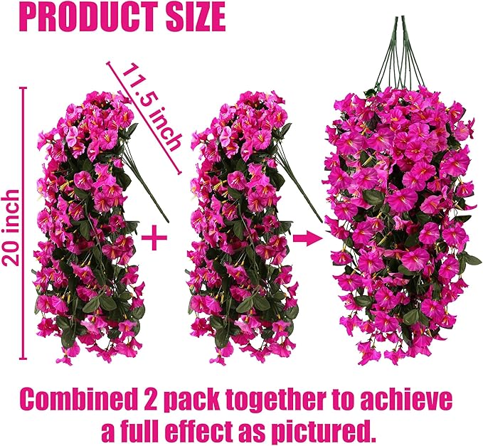 Sggvecsy Artificial Fake Hanging Flowers Plants for Outdoor Outside Spring Summer Decoration 4PCS Faux Silk UV Resistant Realistic Morning Glory Trailing Vines for Home Porch Patio Balcony(Purple red)