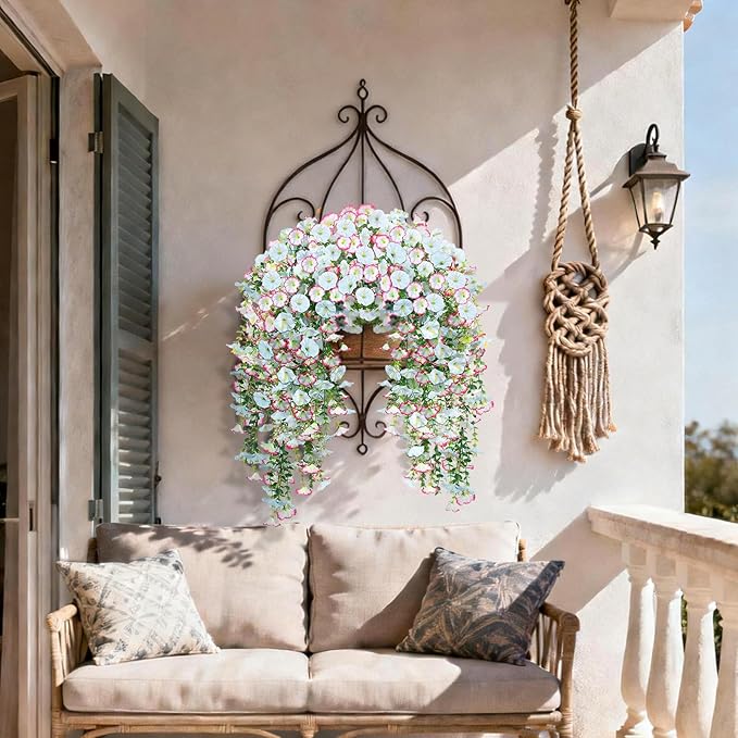 Artificial Hanging Flowers for Outdoors, 2 PCS 300 Blooms UV Resistant Morning Glory Faux Silk Vines, No-Odor Realistic Fake Plants for Garden Planter Porch Patio Decoration, Blue & White