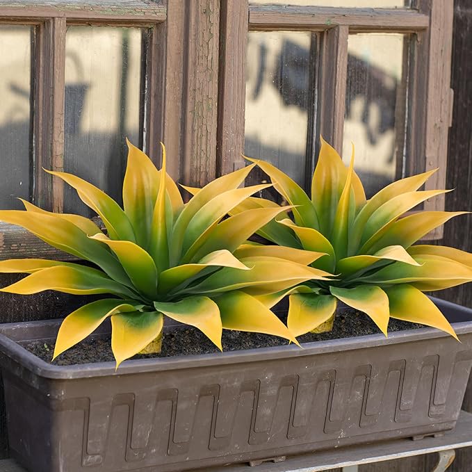 Ttranewsoo Artificial Agave Plants,Large UV Resistant Fake Agave Planters for Indoor and Outdoor Decorating Tropical Plant Succulents Greenery Indoor Decor (2Pack,18" Yellow)