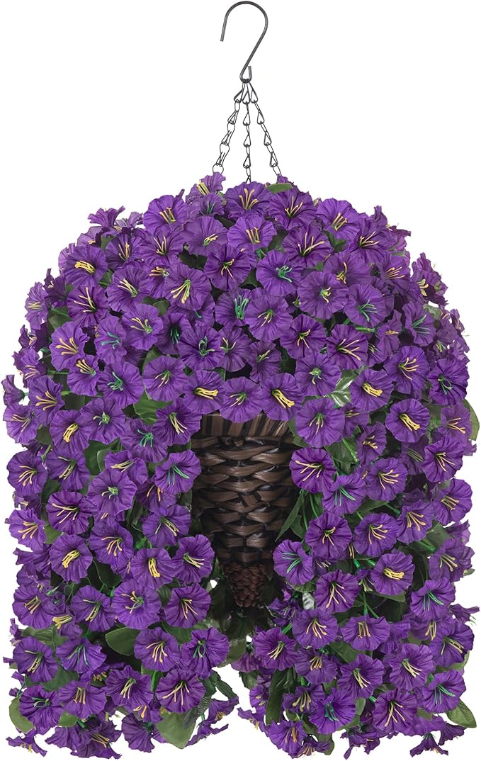 Artificial Fake Flowers Plants Hanging Baskets Outdoor Outside Spring Decor, Faux Silk Purple UV Resistant Look Real Morning Glory Home Patio Porch Balcony Decoration